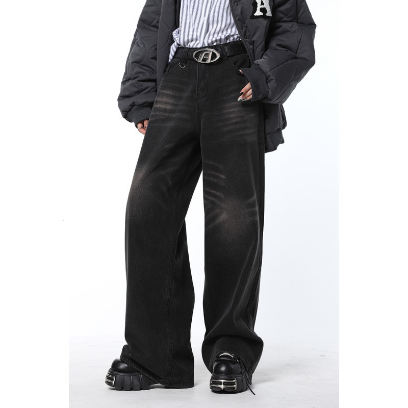 Women's Jeans Vintage Black High Waist Women Jeans American Fashion Streetwear Wide Leg Jean Female Denim Trouser Straight Stripe Denim Pants 230