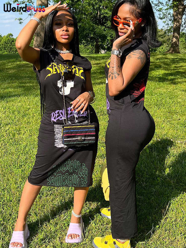 Casual Dresses Weird Puss Letter Print Tank Dress Women Casual Sleeveless Skinny Stretchy Maxi Bodycon 2022 Summer Stylish Streetwear Dresses Z0216