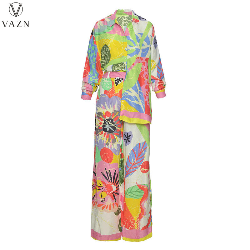 Womens Two Piece Pants VAZN Autumn Highend Shirt Set Daily Chiffon Young Vintage Print Full Sleeve Long Wide Leg Slim Women 2 230302