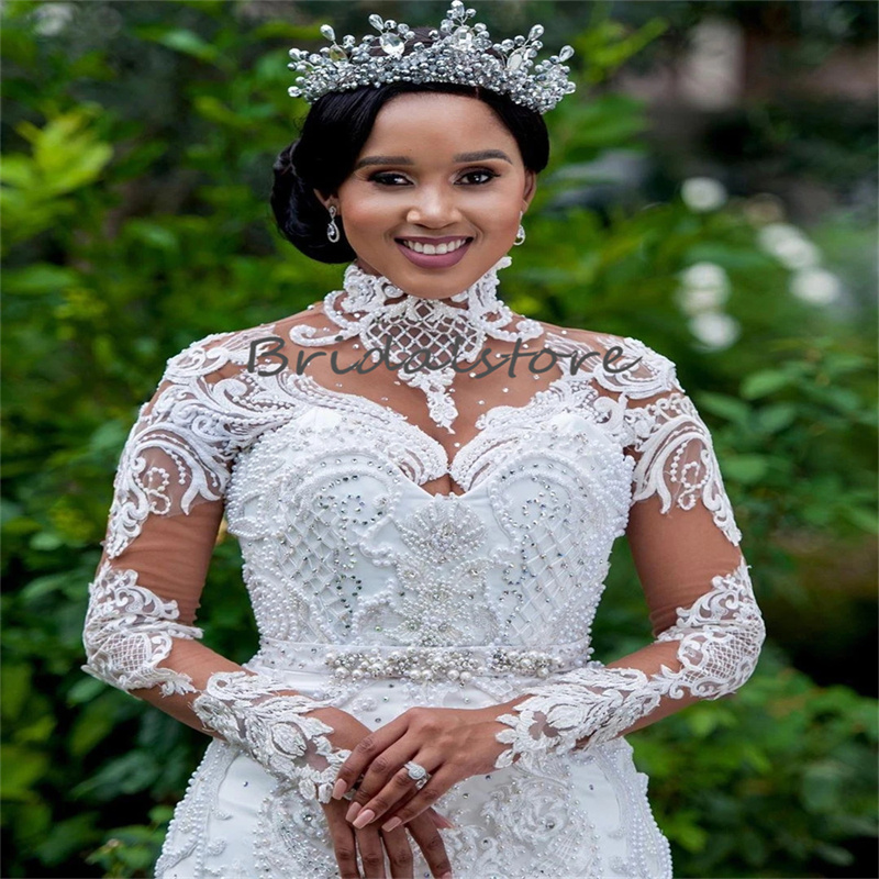 Luxury Mermaid Wedding Dress Boho 2023 High Neckline Long Sleeve Country Bridal Dresses For Bride Pearls African Robe De Mariage South African Black G