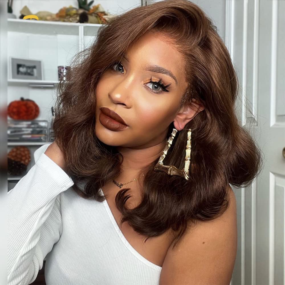 Hd transparent lace chocolate brown lace front wig cooper red orange fashion colored wavy bob short human hair wig pre plucked 150% density full natur