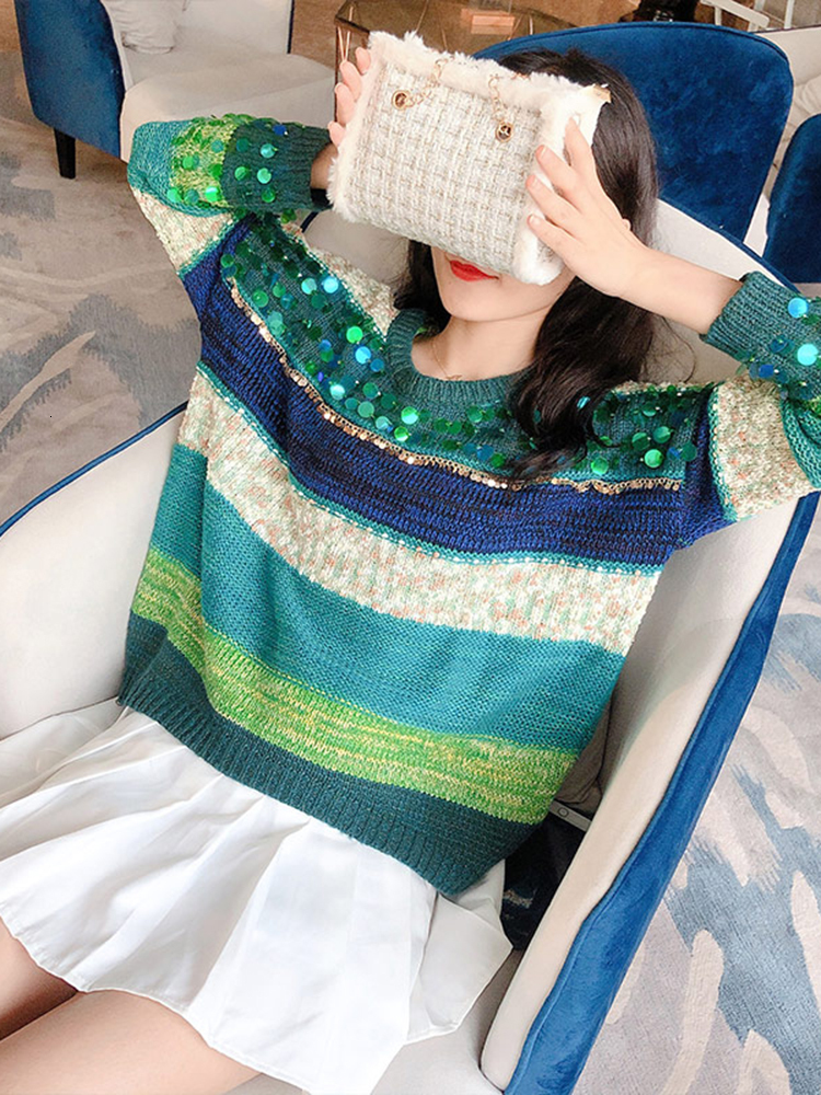 Women's Sweaters Spring Fall Arrival Women Vintage Beading Sequins Loose Knitted Oversized Sweaters Long Sleeve Ladies Pullovers C-084 230303