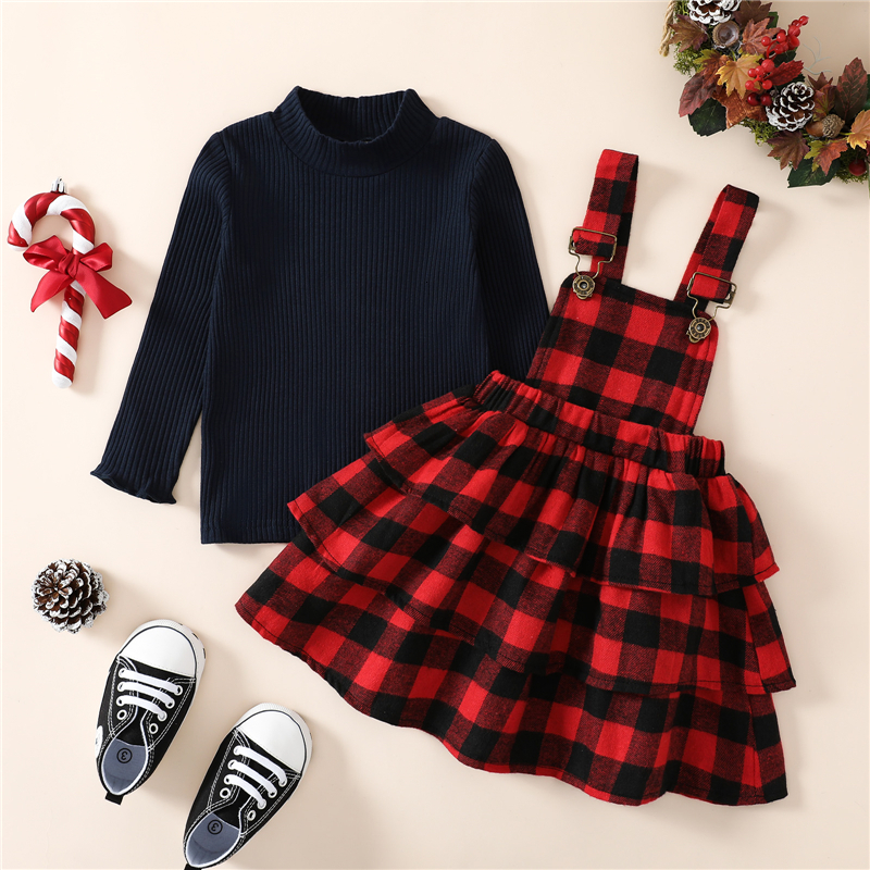Clothing Sets Christmas Toddler Girls Clothes Sets Fall Winter Baby Kids Children Clothing Suits Warm Solid Sweater Plaid Suspender Dress 230303