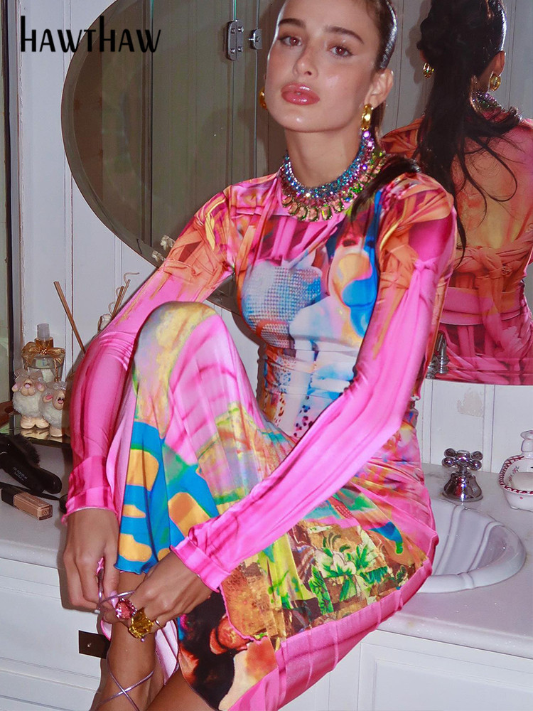 Casual Dresses Hawthaw Women Fashion Long Sleeve Bodycon Printed Streetwear Dress Fall Clothing Wholesale Items For Business 230303