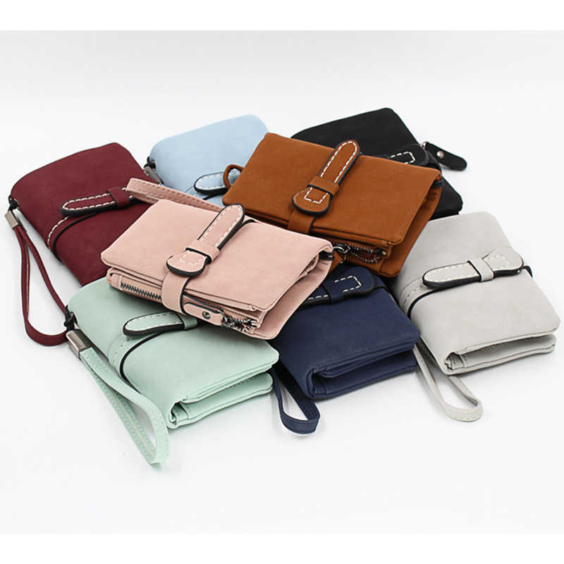 Wallets Multifunction Short Purse Fold Women Wallets Drawstring Nubuck Leather Zipper Wallet With Wrist strap Ladies Carteira FemininaL230303