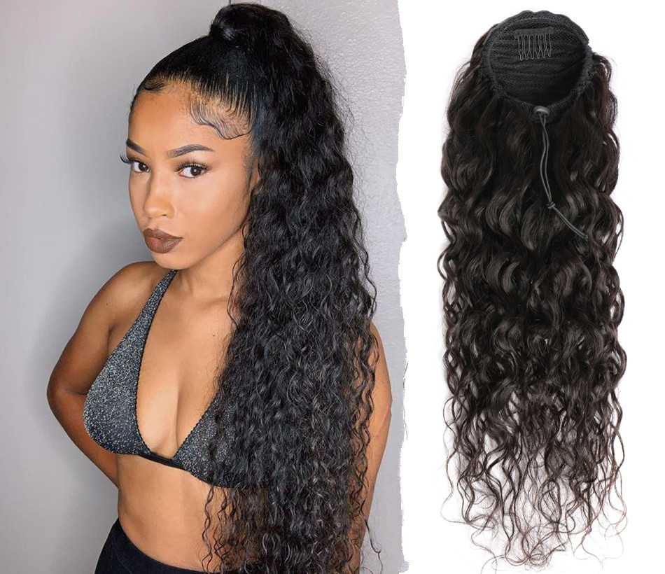 water Wave curly drawstring Ponytail Human Hair Extensions for black women full natural can be braided pony tail hairpiece Remy Hair Ponytails Clip in