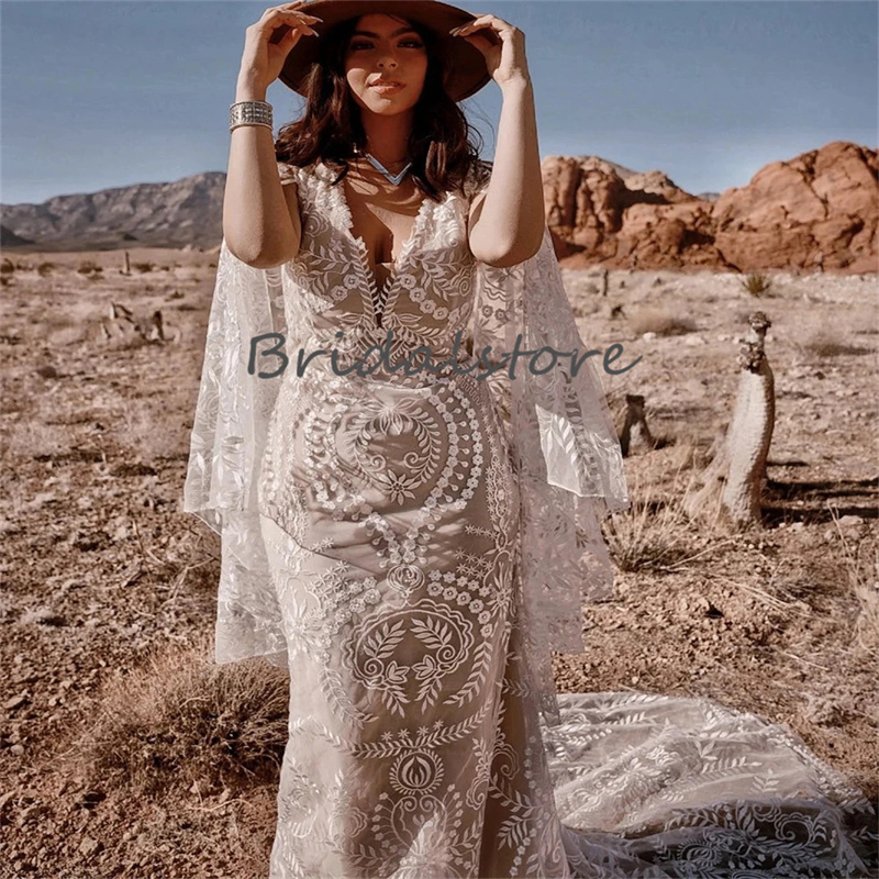 Chic Lace Bohemian Wedding Dress 2023 Flare Long Sleeve Backless Hippie Beach Sweep Train Bride Dresses V Neck Country Vestido De Noivas abito da spos