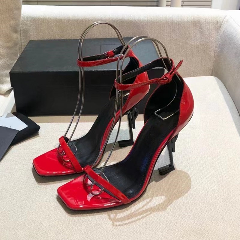 Designer High Heels Metal Letters Sandals Women Dress Shoes Sexy Open Toe Slippers Fashion Leather Pumps Party Wedding summer10.5CM 35-41size