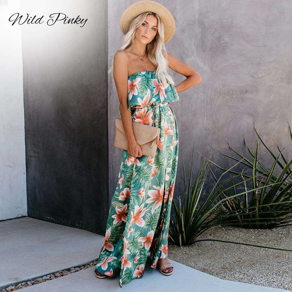 Casual Dresses WildPinky 2022 Tropical Rainforest Printed Dress For Women Off Shoulder Split Sleeveless Summer Hoilday Beach Casual Sundress Z0216