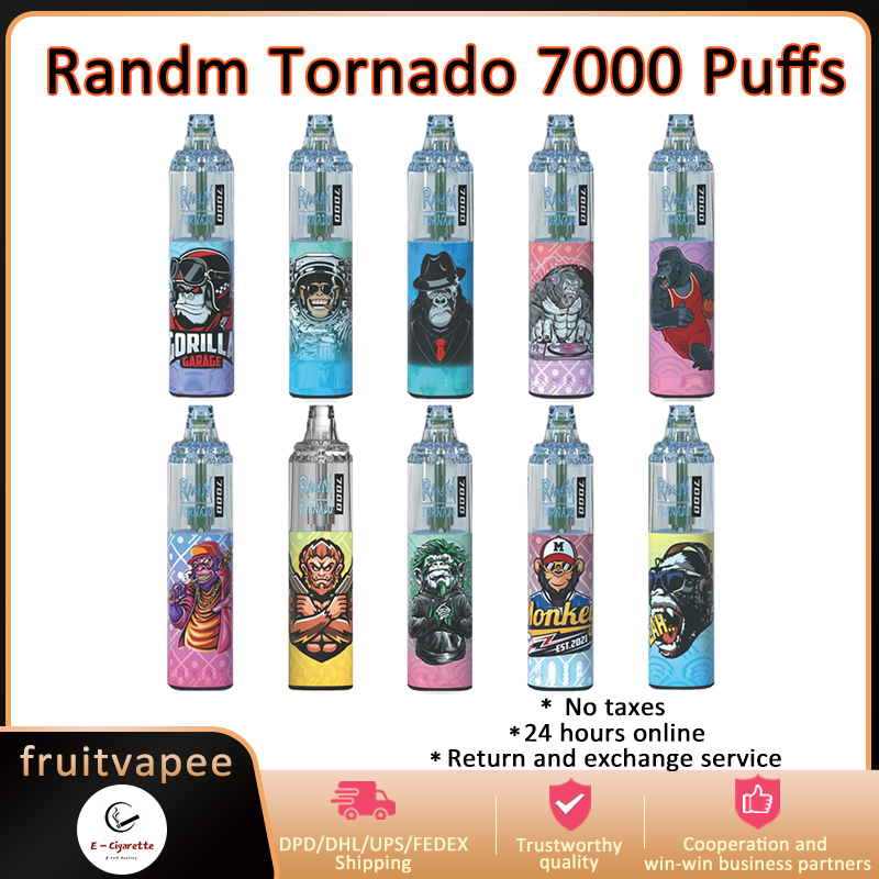 Original RandM Tornado 7000 Puffs Vape desechable Pen Electronic Cigarettes 14ml Pod Mesh Coil 6 Glowing Colors Rechargeable Air-adjustable 2% 5% Device Vaporizer 7K
