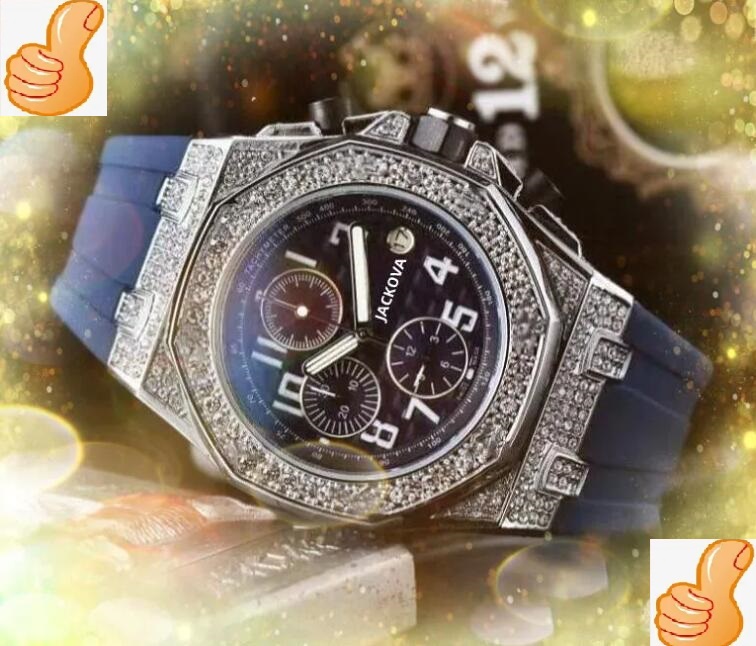 First-class quality Famous Mens Stopwatch Watches Diamonds Ring Full Functional Clock Rubber Stainless Steel Belt Quartz Calendar Rainbow Bezel Watch lowest price