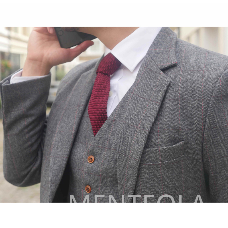 Men's Suits Blazers Grey Tweed Wool Men Suits for Winter 3 Piece Formal Wedding Groom Tuxedo Male Business Fashion Costume Jacket Vest with Pants