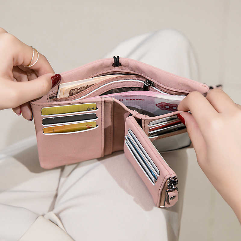 Wallets Multifunction Short Purse Fold Women Wallets Drawstring Nubuck Leather Zipper Wallet With Wrist strap Ladies Carteira FemininaL230303