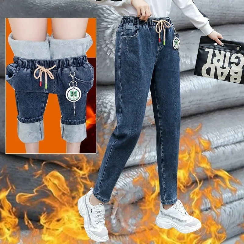 Women's Jeans Winter Baggy Warm Fleece Lined Harem Jeans Women Vintage Drawstring Denim Pants Plus Velvet Vaqueros Thicken Capris Pantalones 2303