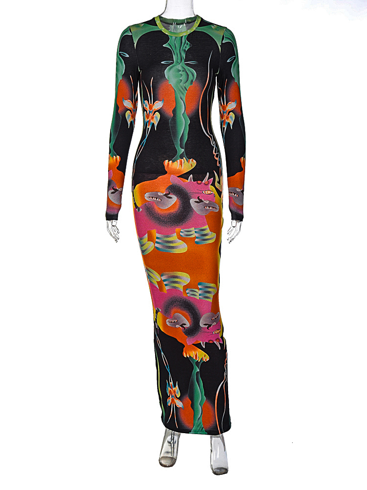 Casual Dresses Hugcitar Print Long Sleeves Graphic Patchwork Sexy Slim Maxi Prom Dress Fall Women Streetwear Party Y2K Clothes 230303
