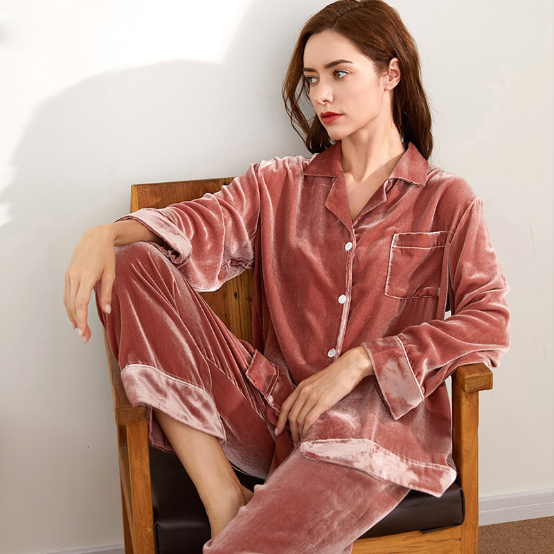 Women's Sleepwear Velvet Silk Pajamas Set for Women's Autumn and Winter 2 pieces Home Suit 100% Pure Silk Sleepwear Spring Home Service 2303