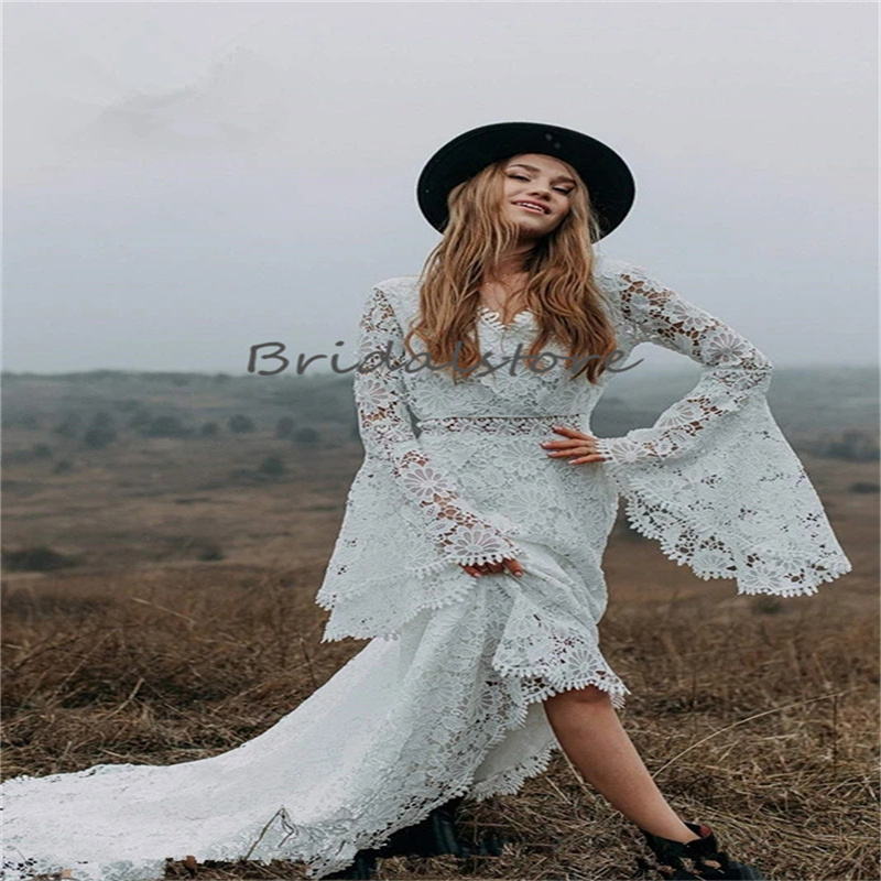 Frence Lace Bohemian Wedding Dress 2023 Mermaid Long Sleeve Boho Robe De Mariee Sexy Open Back Greek Country Civil Bride Dresses Fall White Beach Brid
