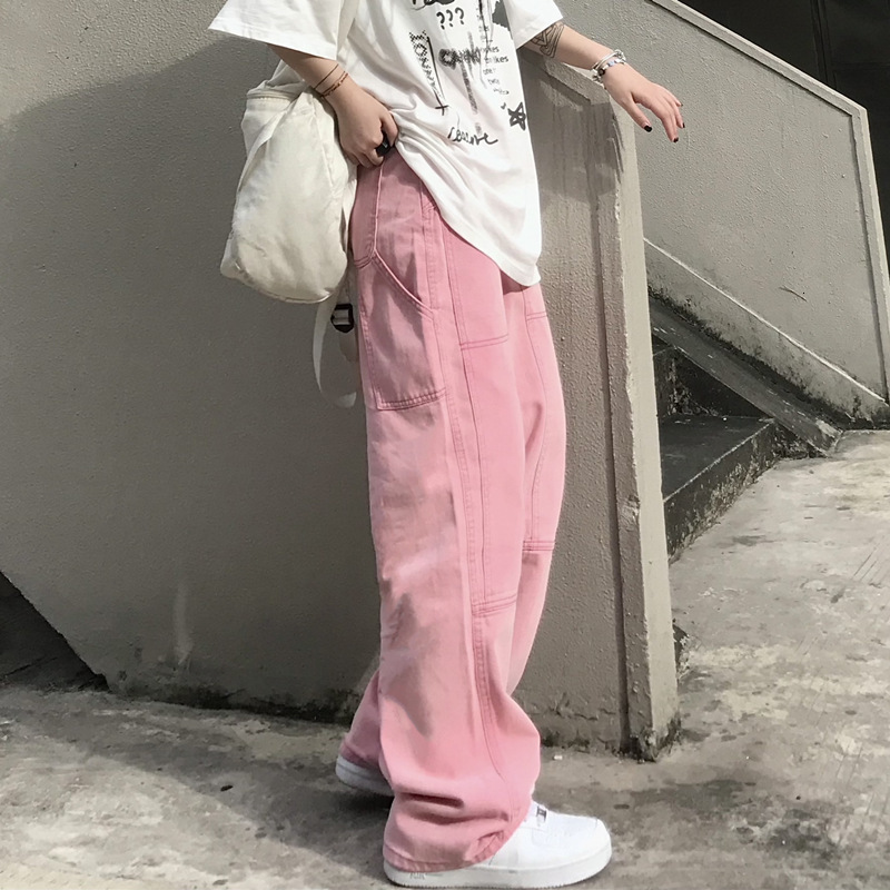 Women's Jeans Pink Jeans for Women Punk Hippie Streetwear Wide Leg Trouser Harajuku Academic Denim Pants Vintage Full Length Streetwear 230303