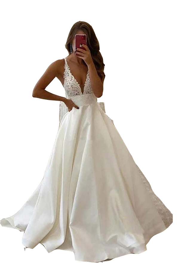 2023 Vintage A Line Wedding Dresses with Buttons Sexy Open Back Vestidos De Novia V Neck Satin Lace Appliques Sleeveless Bride Wedding Gowns Plus Size