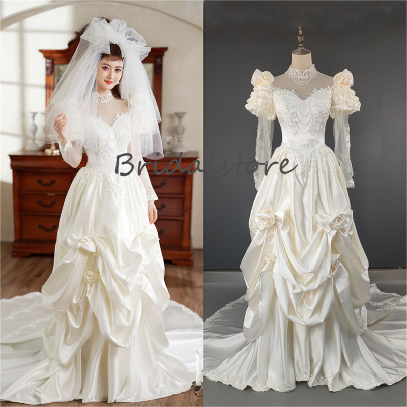 Renaissance Cream Wedding Dress 2023 Long Sleeve Princess Castle Medieval Goth Wedding Dresses Floral High Neck Victorian Gothic Western 1950s Bridal 