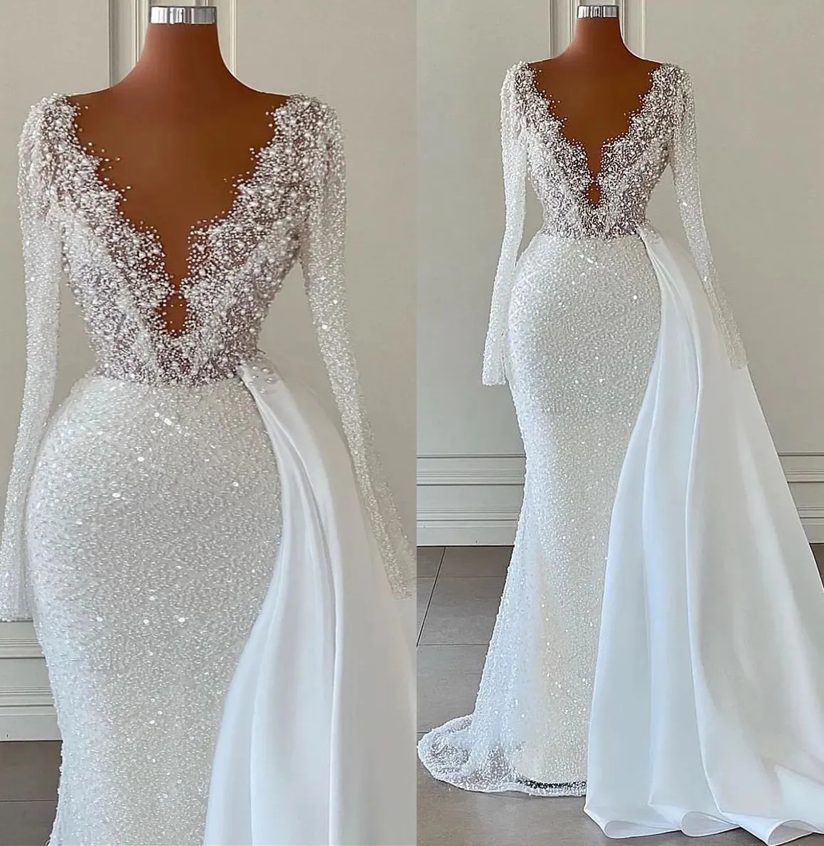 Arabic Aso Ebi Sequined Lace Mermaid Wedding Dress Sexy V Neck Long Sleeves Beaded Pearls Urious Bridal Gowns Dresses