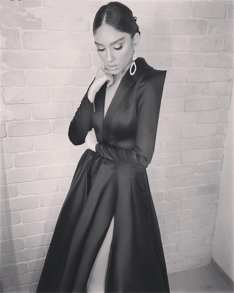 Black Women Formal Evening Dress Side Split V-neck Long Sleeves A-line Satin Prom Party Gowns 2024 Arabic Dubai New Robe De Soiree