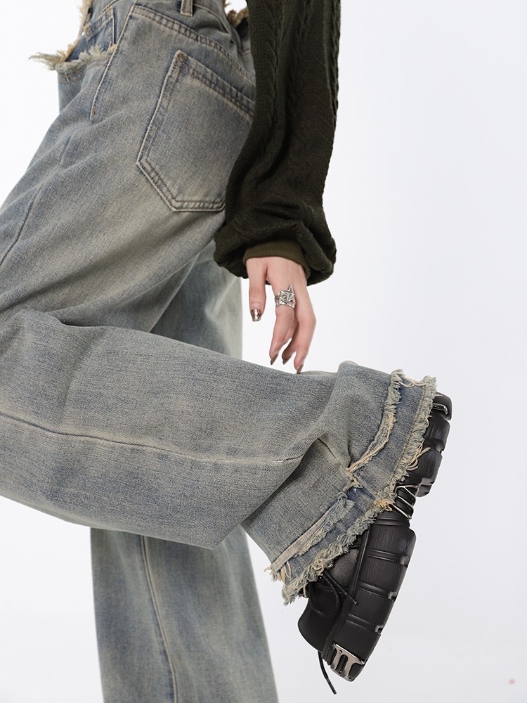 Women's Jeans Women Wide Leg Jeans Tassel Korean Raw Edge Streetwear Y2k Trousers Baggy Jeans High Waisted Vintage Denim Pants Feamle 230303
