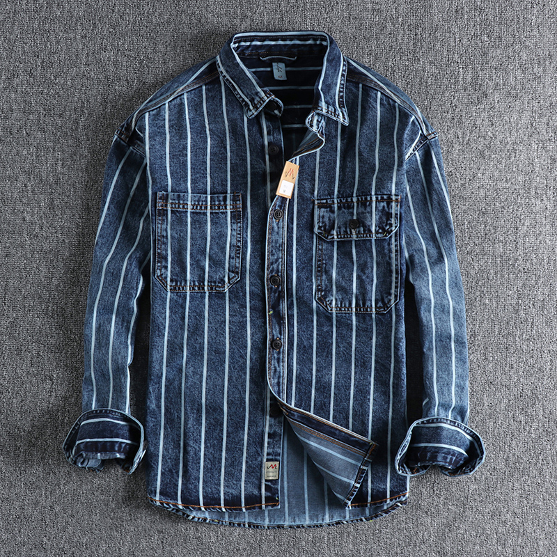 Mens Casual Shirts Autumn custom woven striped washed used denim shirt mens work style American retro trend youth 230303