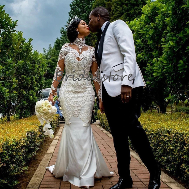 Luxury Mermaid Wedding Dress Boho 2023 High Neckline Long Sleeve Country Bridal Dresses For Bride Pearls African Robe De Mariage South African Black G