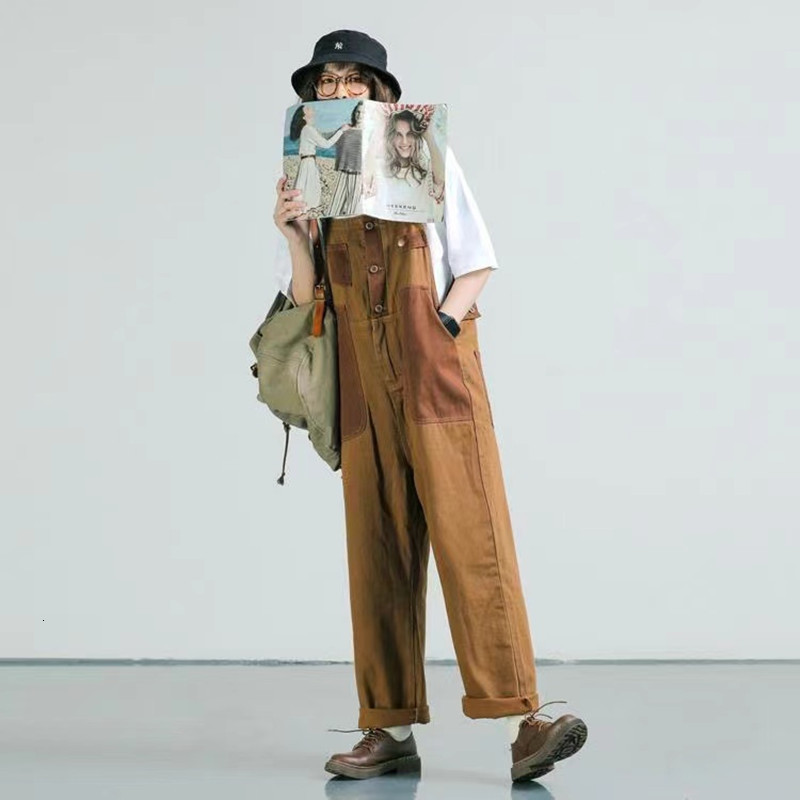 Men's Pants Japanese Retro Overalls Brown Color Casual Couple Loose Straight Trousers Salopettes Romper Jumpsuit 230303