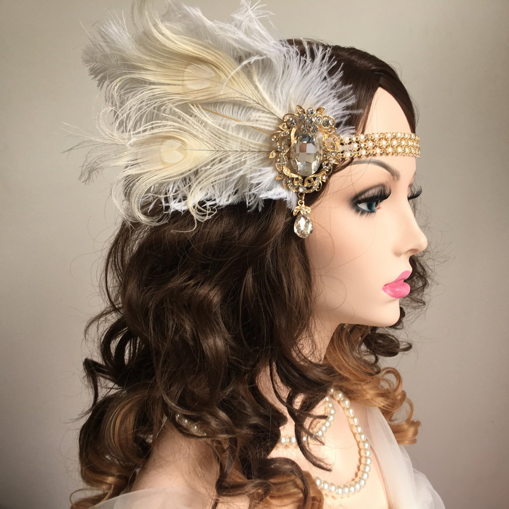 Headbands Women Vintage Feather Headband White Metal Chain 1920s Vintage Gatsby Party Headpiece For Party Carnival Accessories 230302