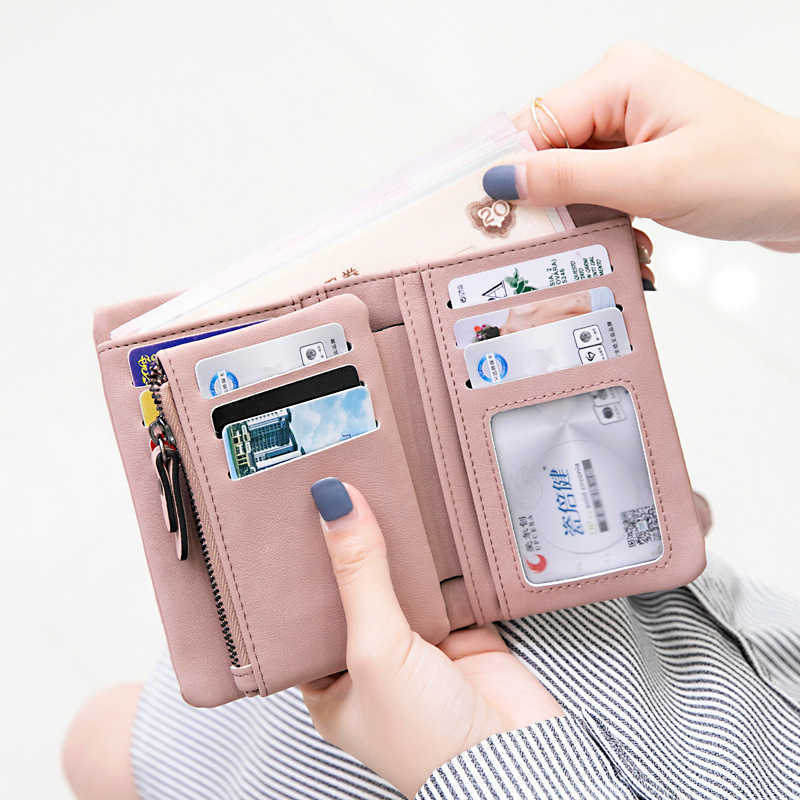 Wallets Multifunction Short Purse Fold Women Wallets Drawstring Nubuck Leather Zipper Wallet With Wrist strap Ladies Carteira FemininaL230303