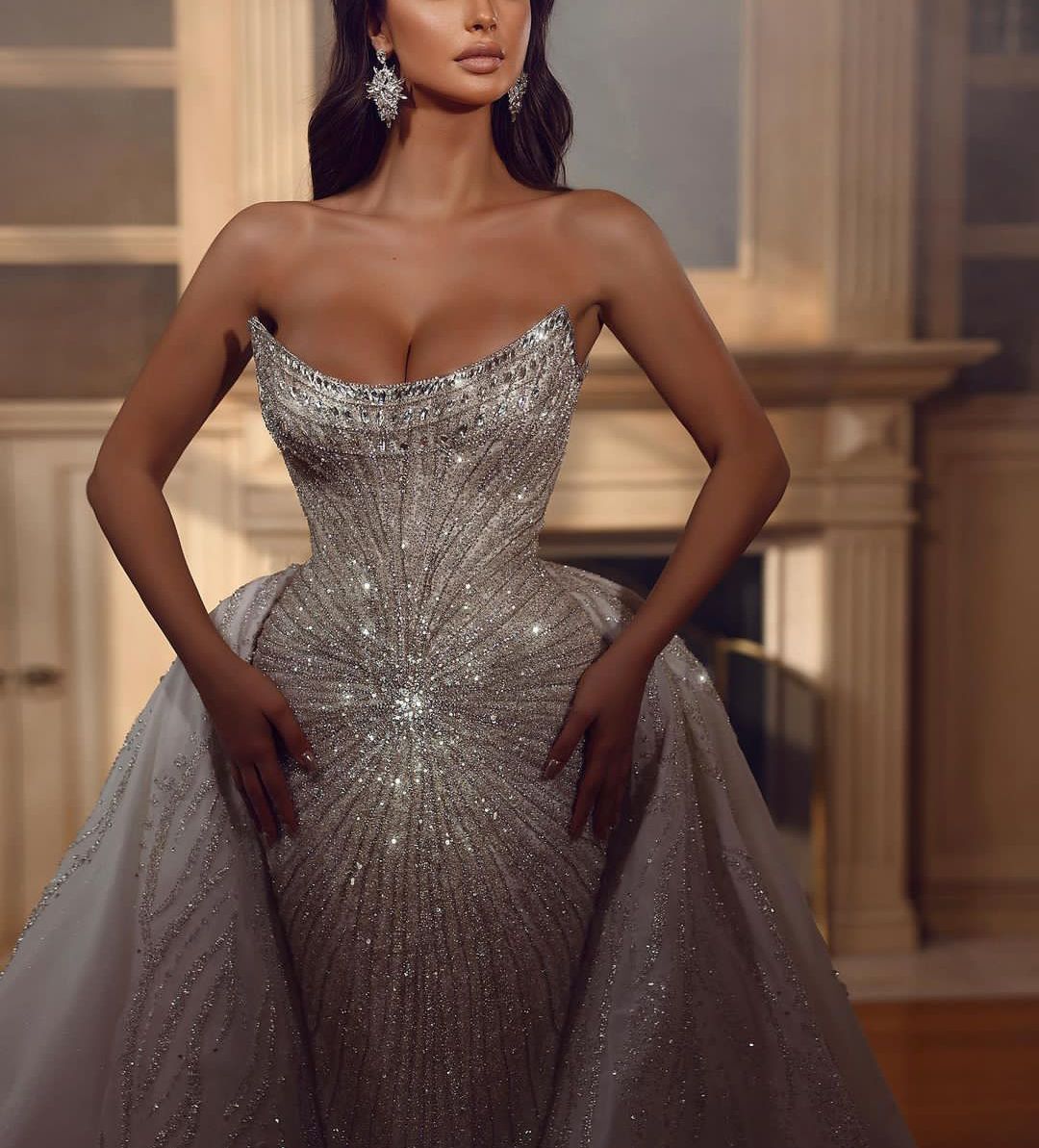 Mermaid Wedding Dresses Sleeveless Sparkly Bateau 3D Lace Beaded Sequins Appliques Detachable Train Dias Bridal Gowns Plus Size Vestido de novia Custo