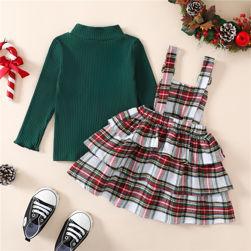 Clothing Sets Christmas Toddler Girls Clothes Sets Fall Winter Baby Kids Children Clothing Suits Warm Solid Sweater Plaid Suspender Dress 230303