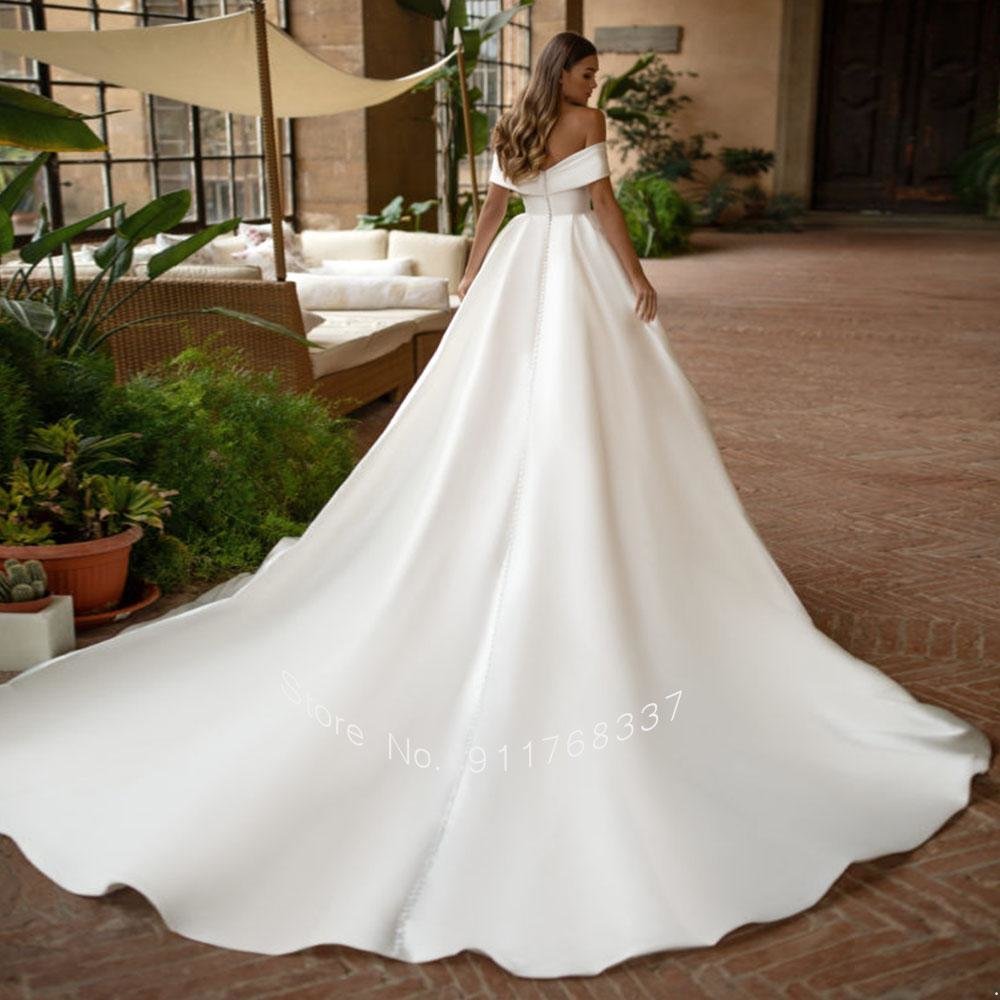 De Vestidos Novia Satin Ball Gown Wedding Dress Off The Shoulder Simple Robe Mariage V Neck Sukienka Na Custom Made