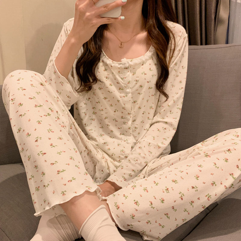 Women's Sleepwear Pajama Sets Women Autumn Daily Sleepwear Home Soft Floral Ins Korean Fashion Sweet Girls Lovely Students O-neck Casual Simple 2