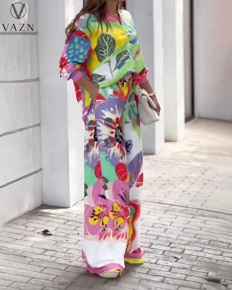 Womens Two Piece Pants VAZN Autumn Highend Shirt Set Daily Chiffon Young Vintage Print Full Sleeve Long Wide Leg Slim Women 2 230302