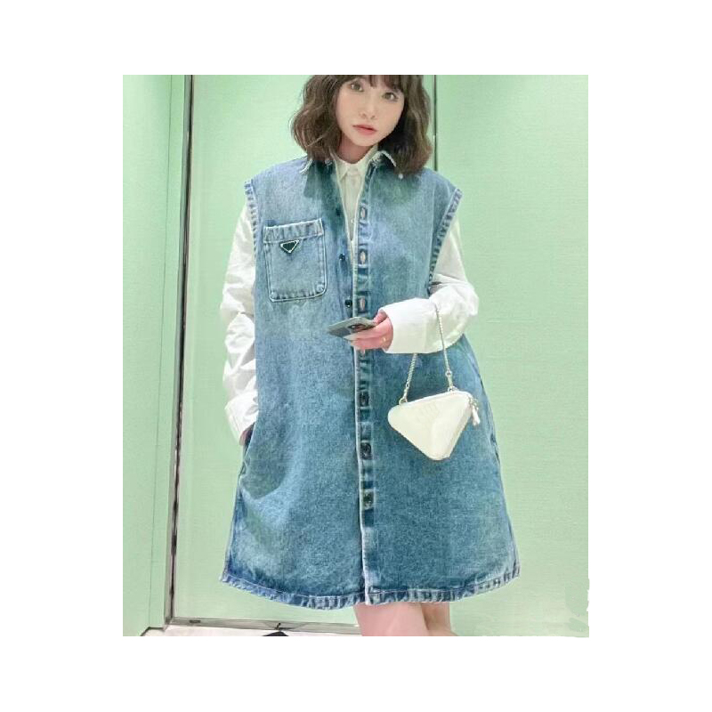 23SS New Designers womens dress triangle pocket belt waist lapel sleeveless denim Casual Hip Ho dress Streetwear Size S -L