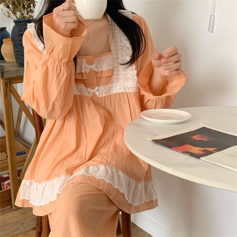 Women's Sleepwear Women's Solid Cotton Sweet Pajamas Lace Square Collar Loose Long-sleeved Pajamas Suit Japanese Kawai Home Clothes Autumn D