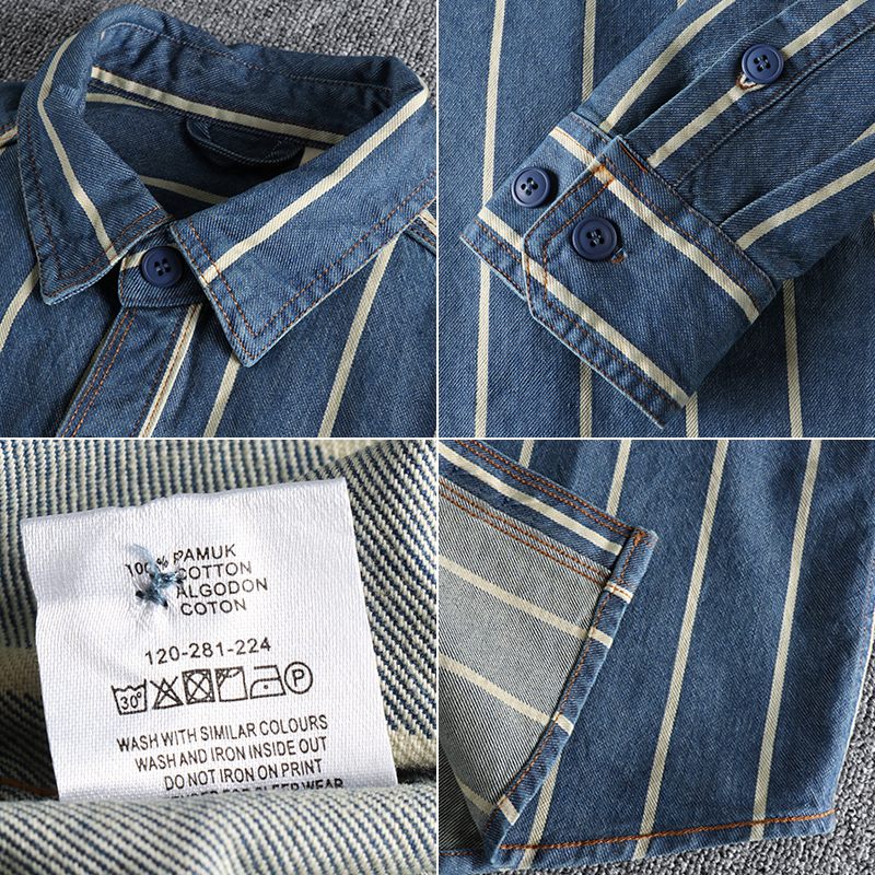 Mens Casual Shirts Autumn custom woven striped washed used denim shirt mens work style American retro trend youth 230303