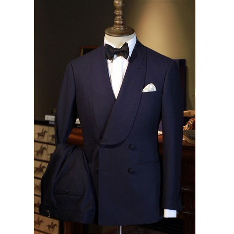 Men's Suits Blazers Classic Navy Blue Wedding Groom Tuxedos for Prom Party Stage Double Breasted Slim fit Men Suits Blazer Jacket Pants 2 Pieces 