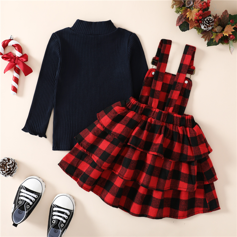 Clothing Sets Christmas Toddler Girls Clothes Sets Fall Winter Baby Kids Children Clothing Suits Warm Solid Sweater Plaid Suspender Dress 230303