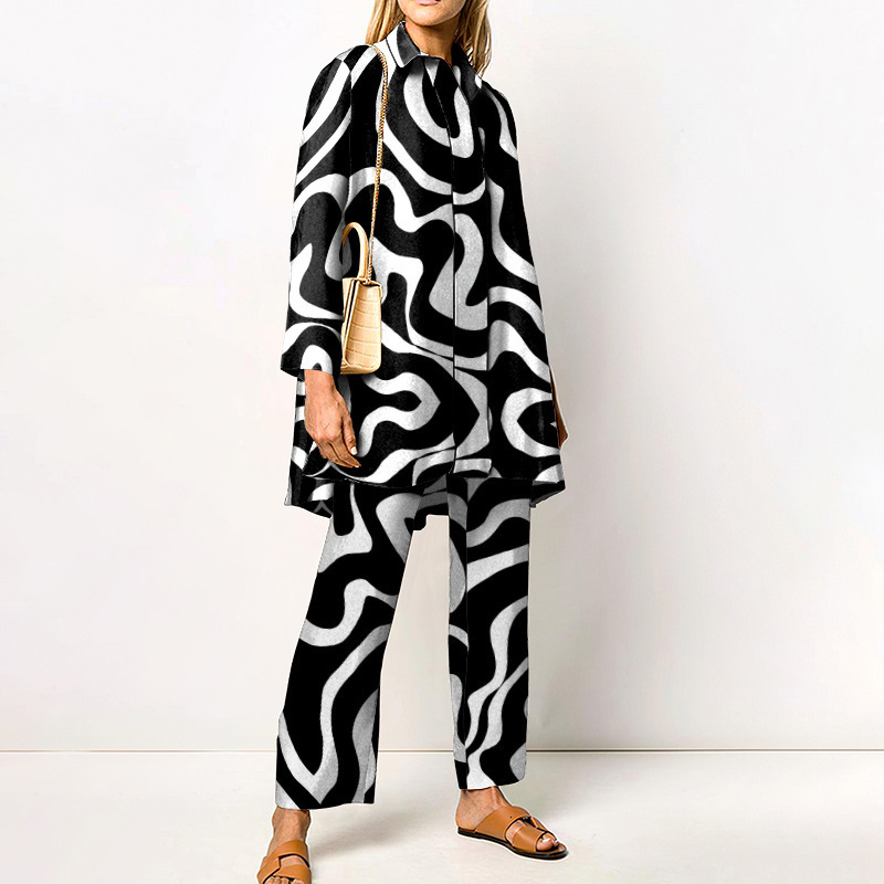 Womens Two Piece Pants Autumn Casual Women Sets Geometric Printed Long Sleeves Turndown Collar Shirts Straight Suits Elegant Outfit 230302