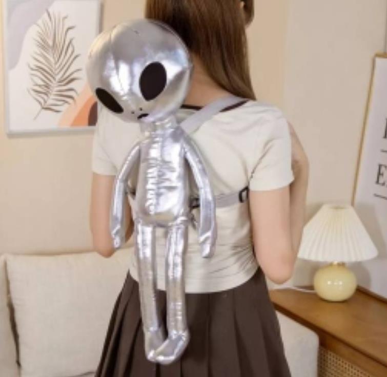 Cool Alien Backpack Holographic Rucksack Plush Stuffed Doll Toys Bag Party Favors for Kids Men Women Silver Gold 3D Pu Leather