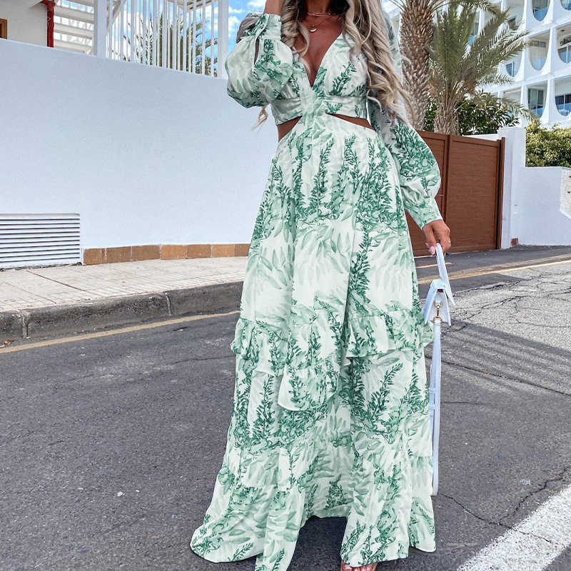 Casual Dresses Women Tunic Beach Cover Up Dress 2023 Summer VNeck Backless Hollow Out Lantern Sleeve Long Dresses Female Club Party Maxi Dress Z0216