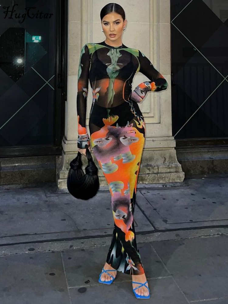 Casual Dresses Hugcitar Print Long Sleeves Graphic Patchwork Sexy Slim Maxi Prom Dress Fall Women Streetwear Party Y2K Clothes 230303
