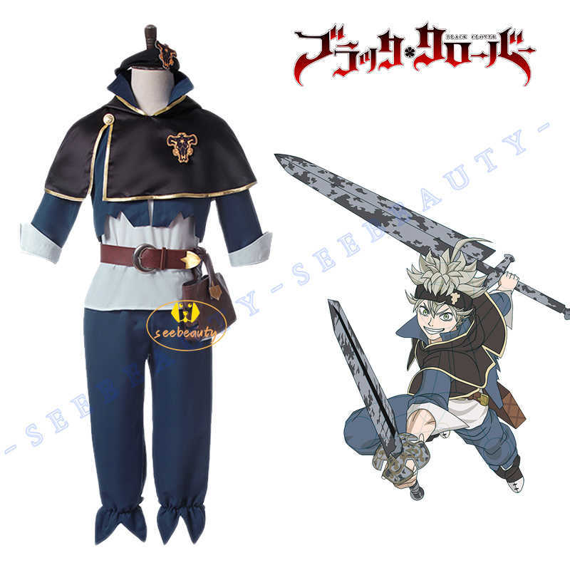 Anime Costumes Anime Black Clover Asta Cosplay Come Wig Five Leaf Clover Black Bull Cape Cloak White Top Blue Pants Noelle Finral Men Party Z0301