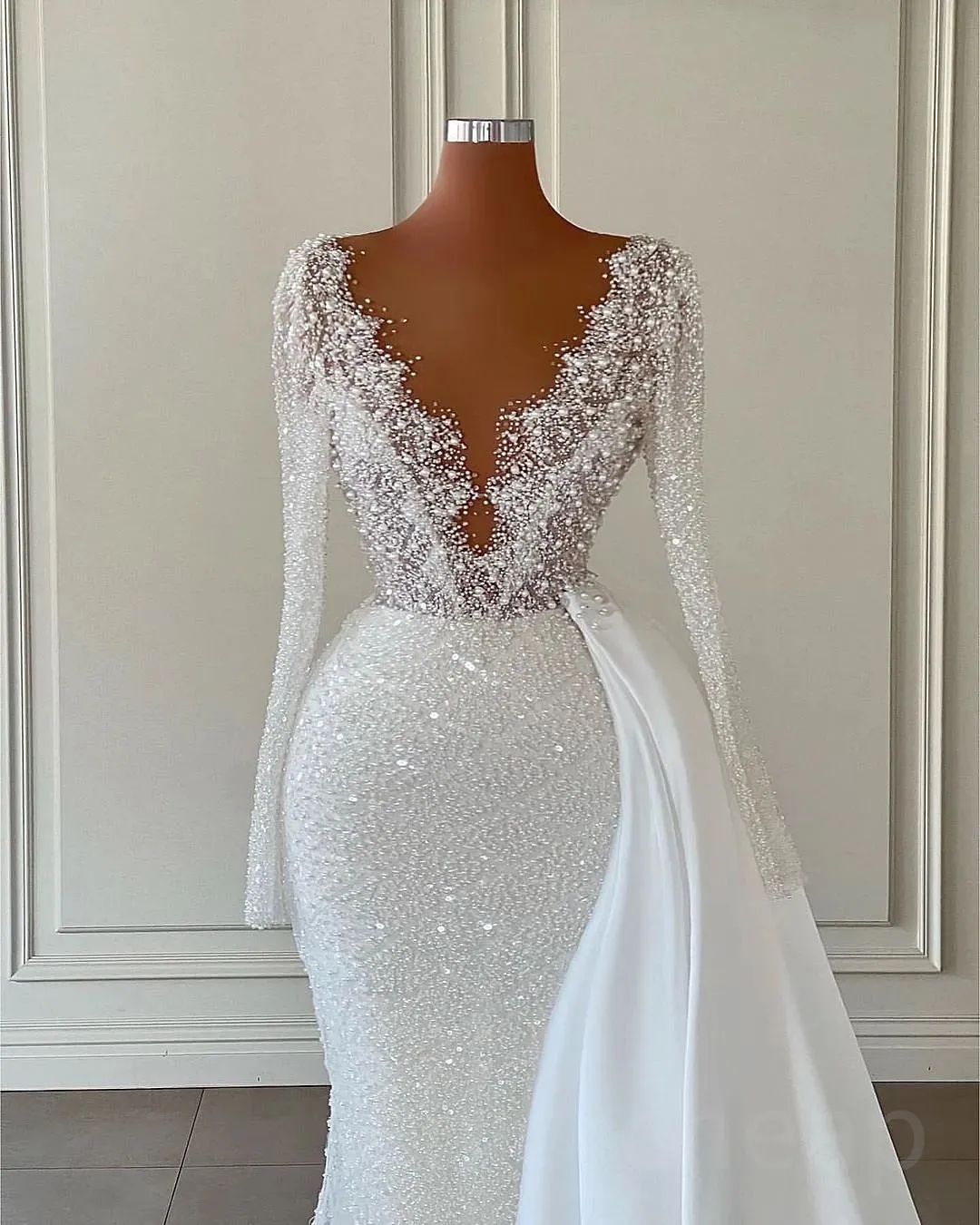 Arabic Aso Ebi Sequined Lace Mermaid Wedding Dress Sexy V Neck Long Sleeves Beaded Pearls Urious Bridal Gowns Dresses