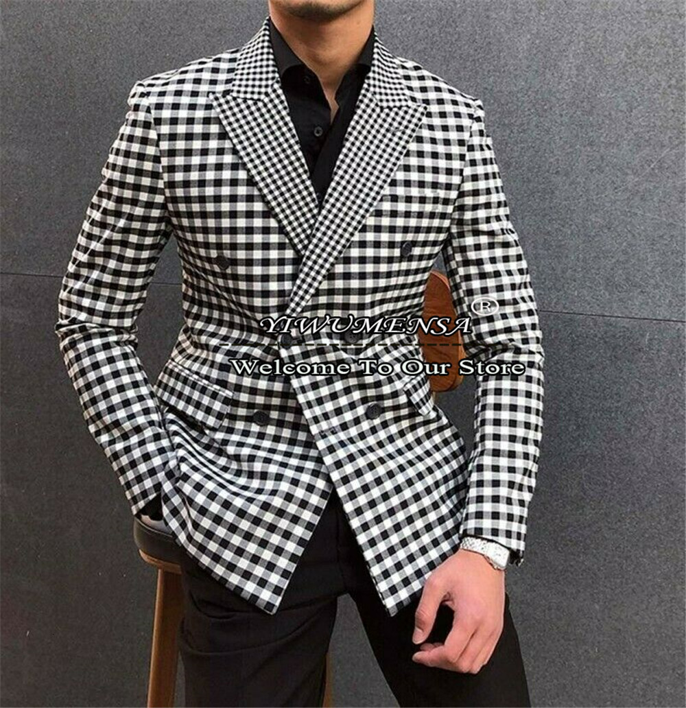 Men's Suits Blazers Vintage Plaid Suits Men Checkered Groom Tuxedos Male Fashion Clothes Slim Fit Double Breasted Blazers Set Prom Party Dress 23