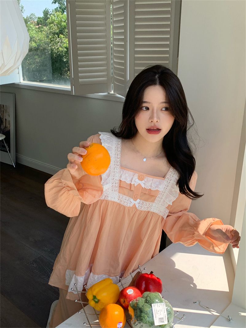 Women's Sleepwear Women's Solid Cotton Sweet Pajamas Lace Square Collar Loose Long-sleeved Pajamas Suit Japanese Kawai Home Clothes Autumn D